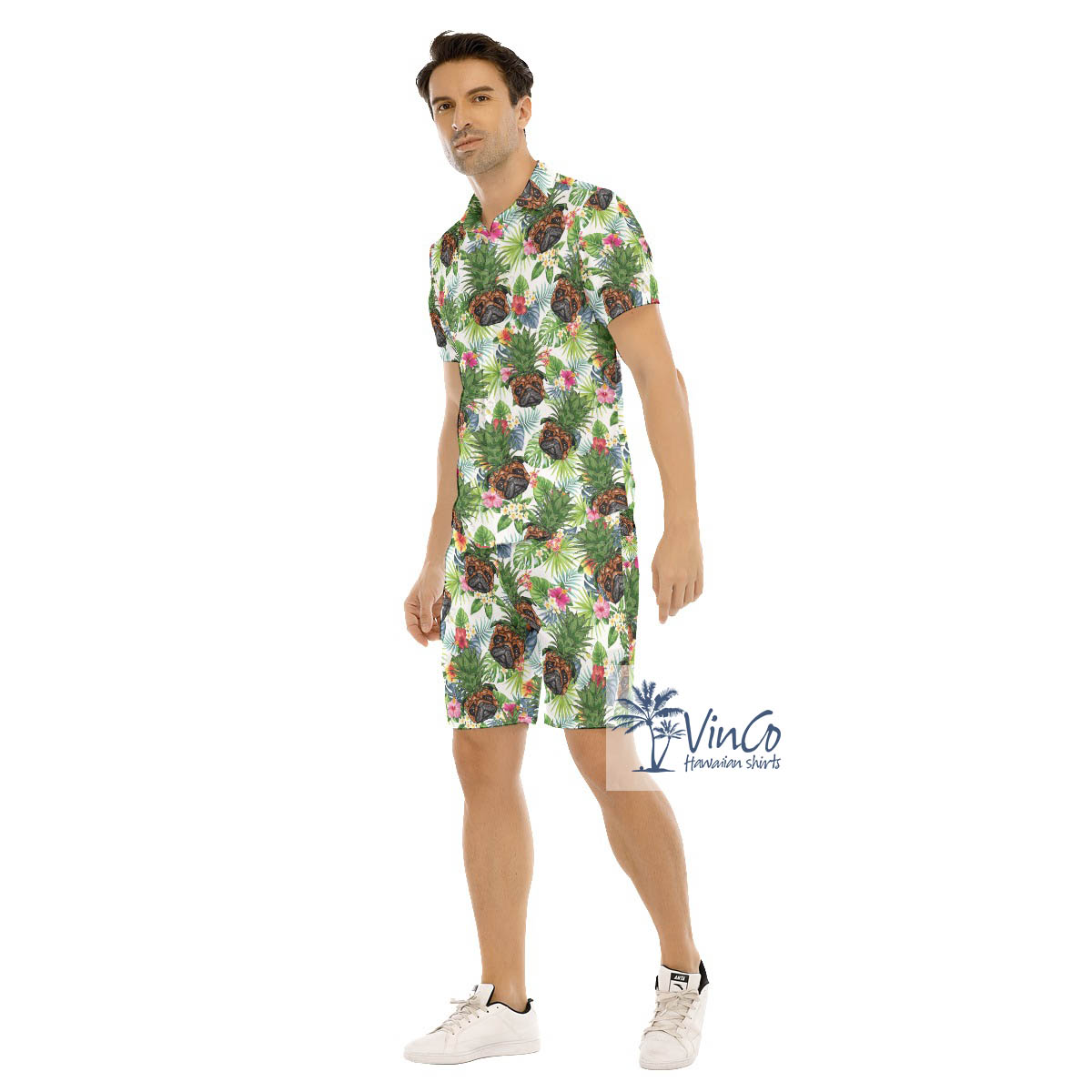 Set Pineapple Pug Tropical Hawaiian Shirt And Beach Shorts For Men