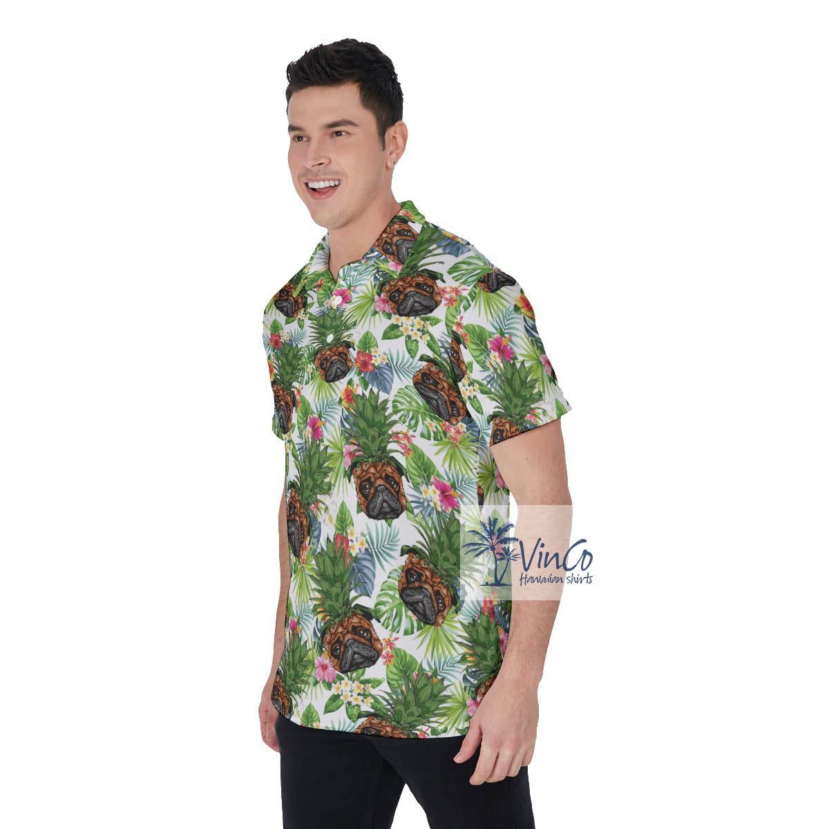 Floral Pug Pineapple Hawaiian Polo Shirt
