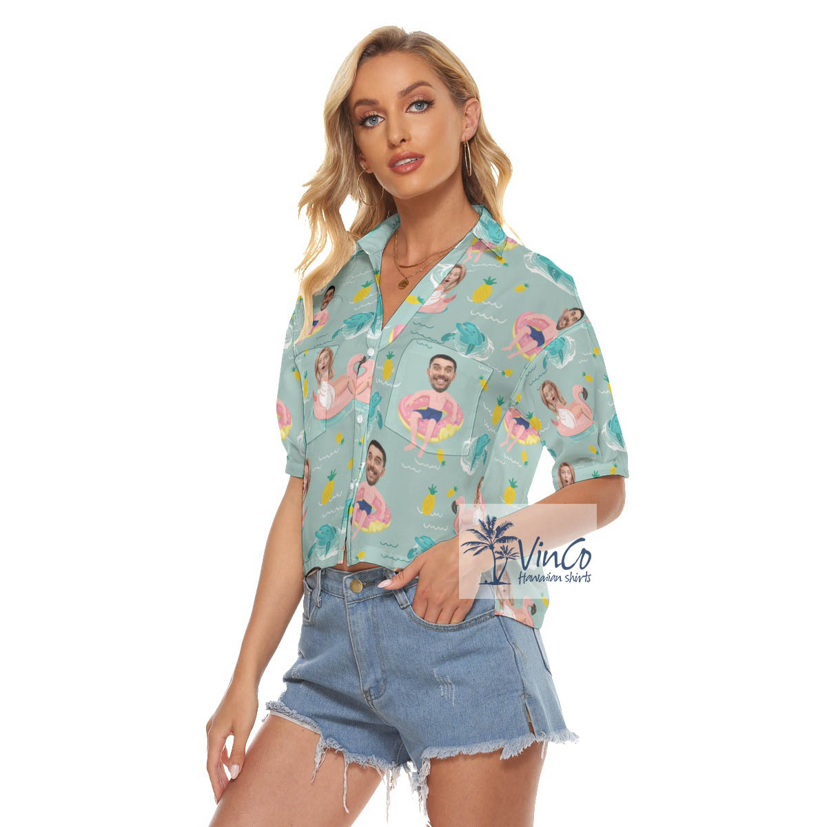 Funny Personalize Couple Faces Hawaiian Cropped Shirt