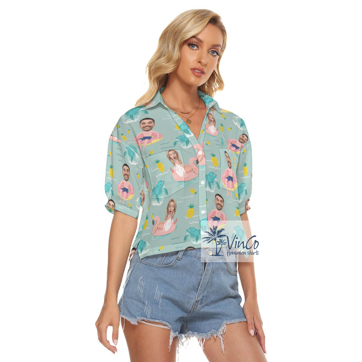 Funny Personalize Couple Faces Hawaiian Cropped Shirt