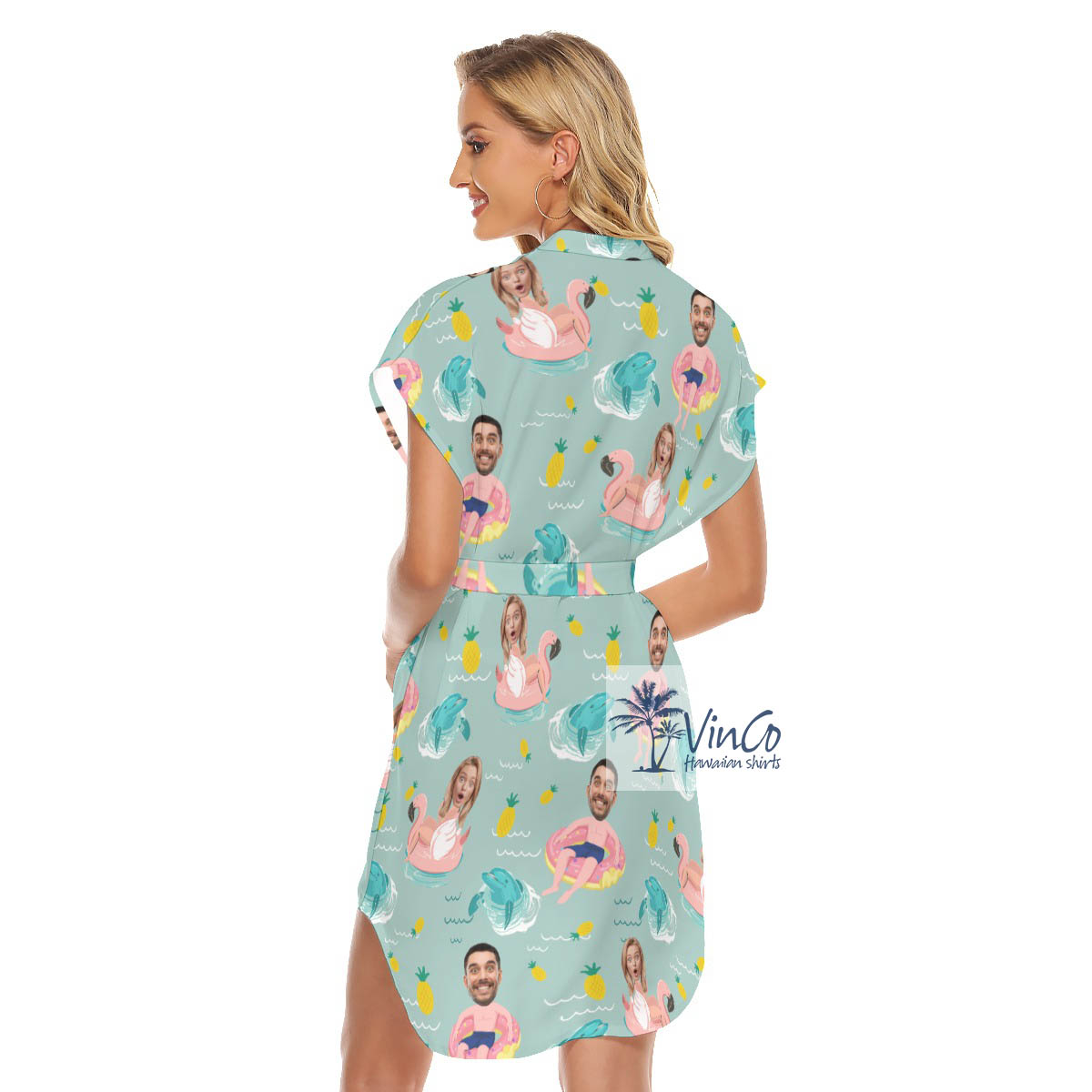 Custom Couple Faces Swimming Pool Flamingo Float Hawaiian Dress