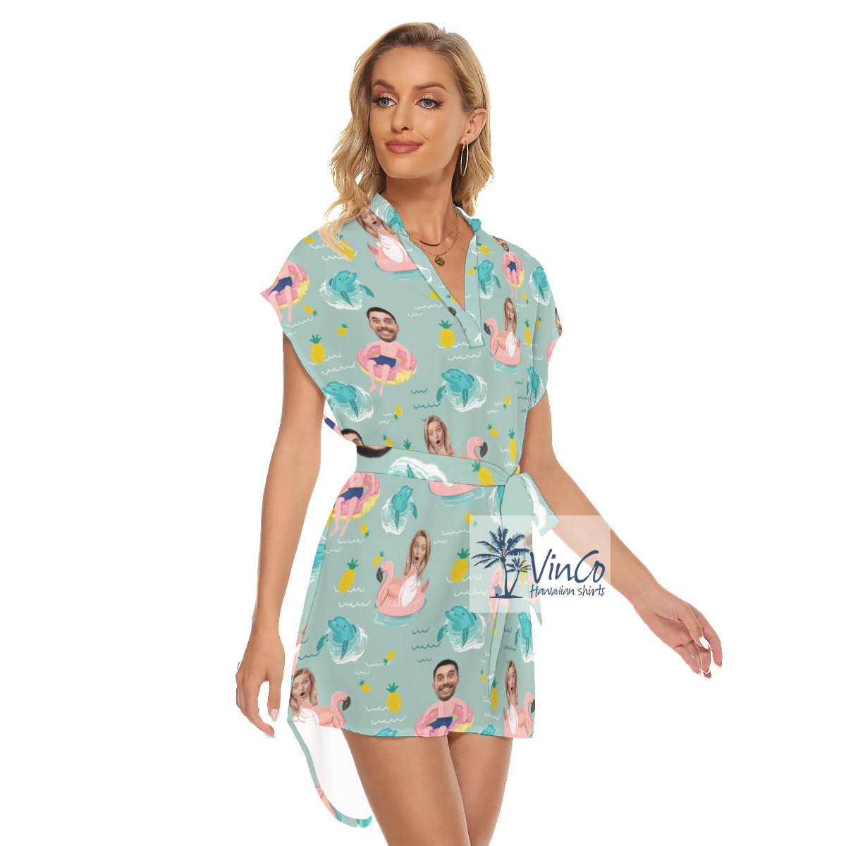 Custom Couple Faces Swimming Pool Flamingo Float Hawaiian Dress