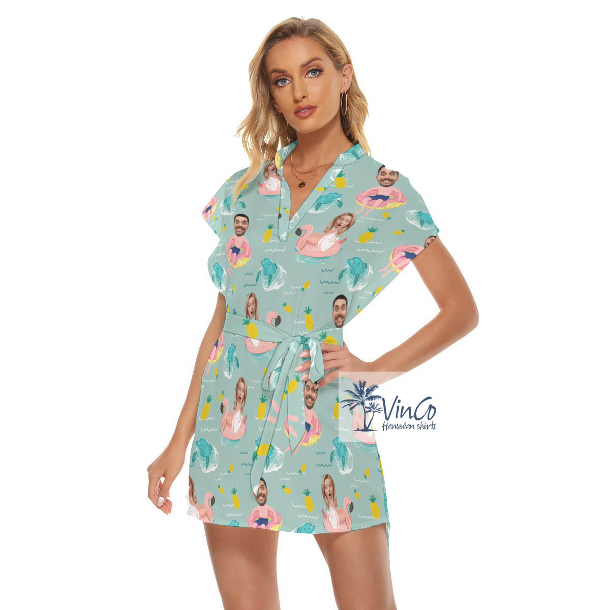 Custom Couple Faces Swimming Pool Flamingo Float Hawaiian Dress
