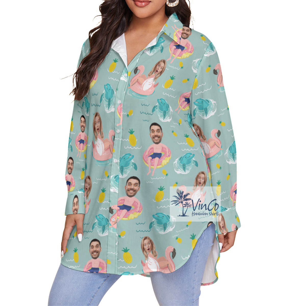 Custom Face Couples Swimming Flamingo Float Oversized Shirt For Women
