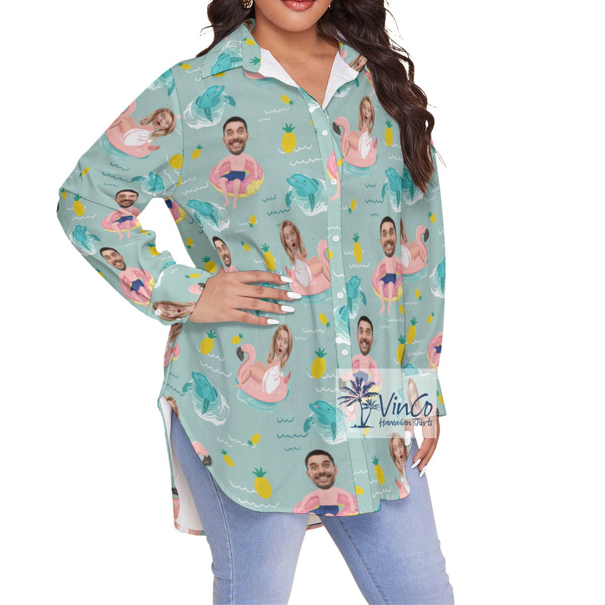 Custom Face Couples Swimming Flamingo Float Oversized Shirt For Women