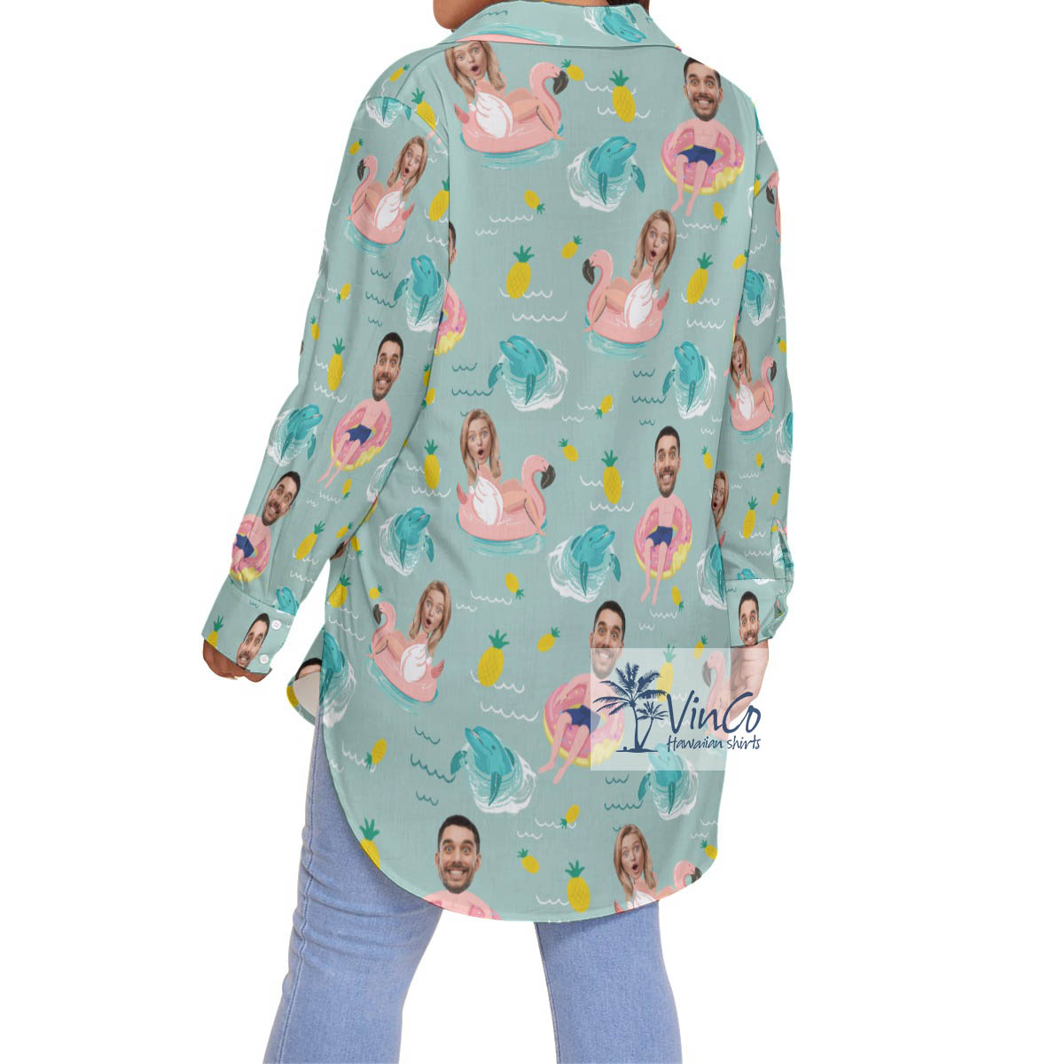 Custom Face Couples Swimming Flamingo Float Oversized Shirt For Women