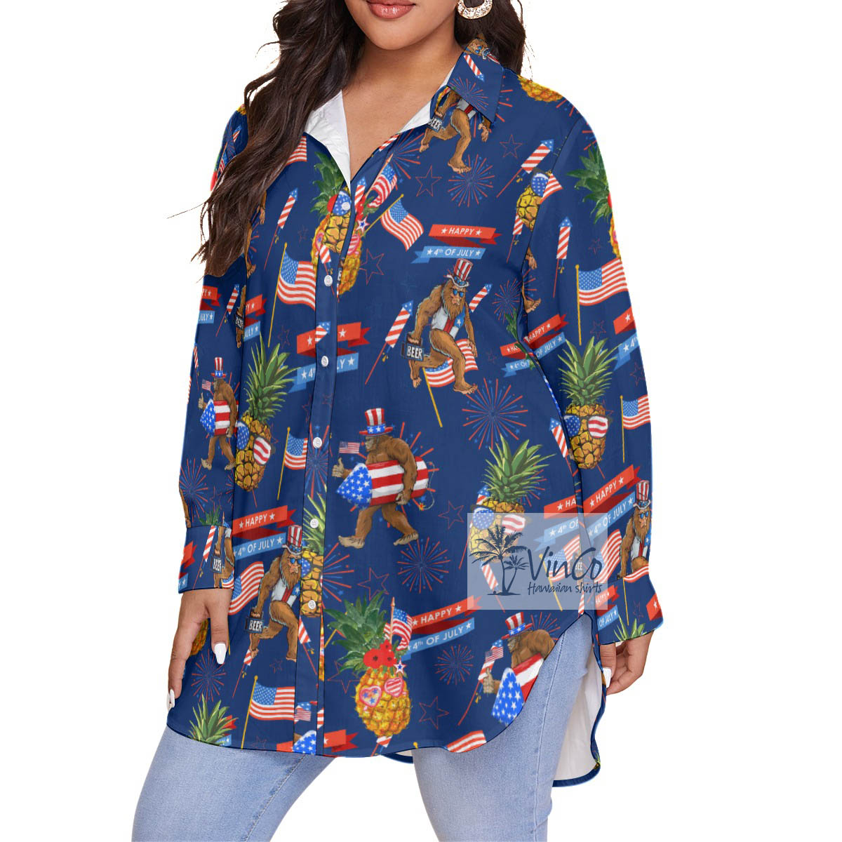 4th Of July Pineapple Bigfoot Aloha Plus Size Shirt For Women