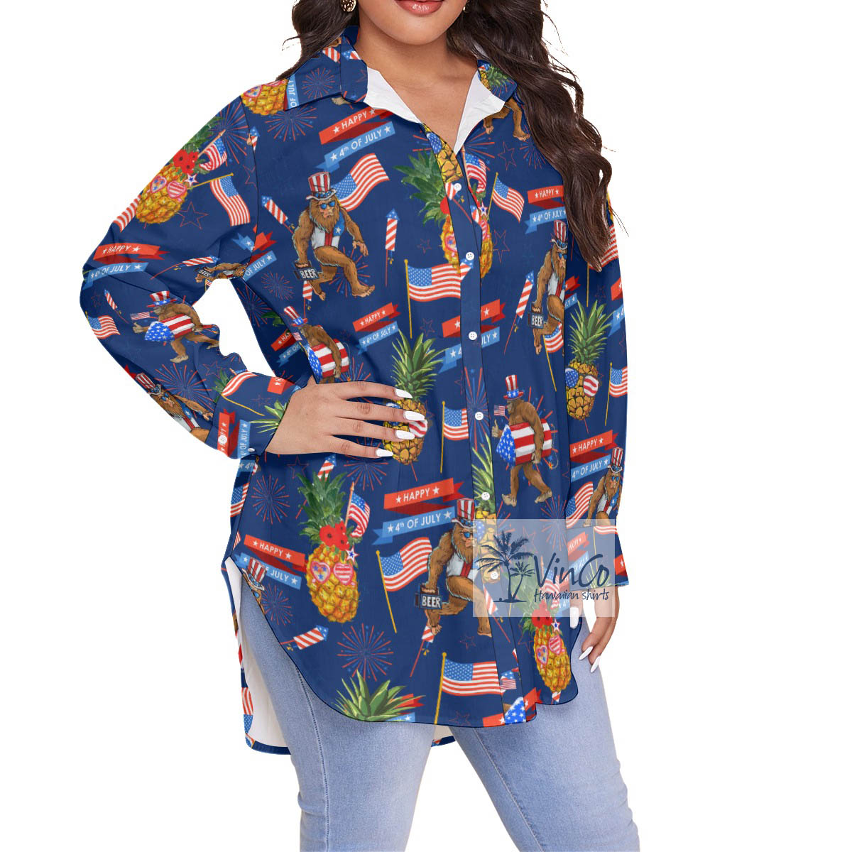 4th Of July Pineapple Bigfoot Aloha Plus Size Shirt For Women
