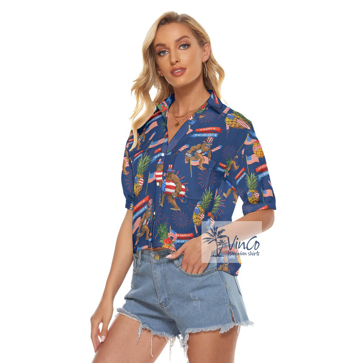 Funny Pineapple Bigfoot Patriotic Hawaiian Cropped Shirt