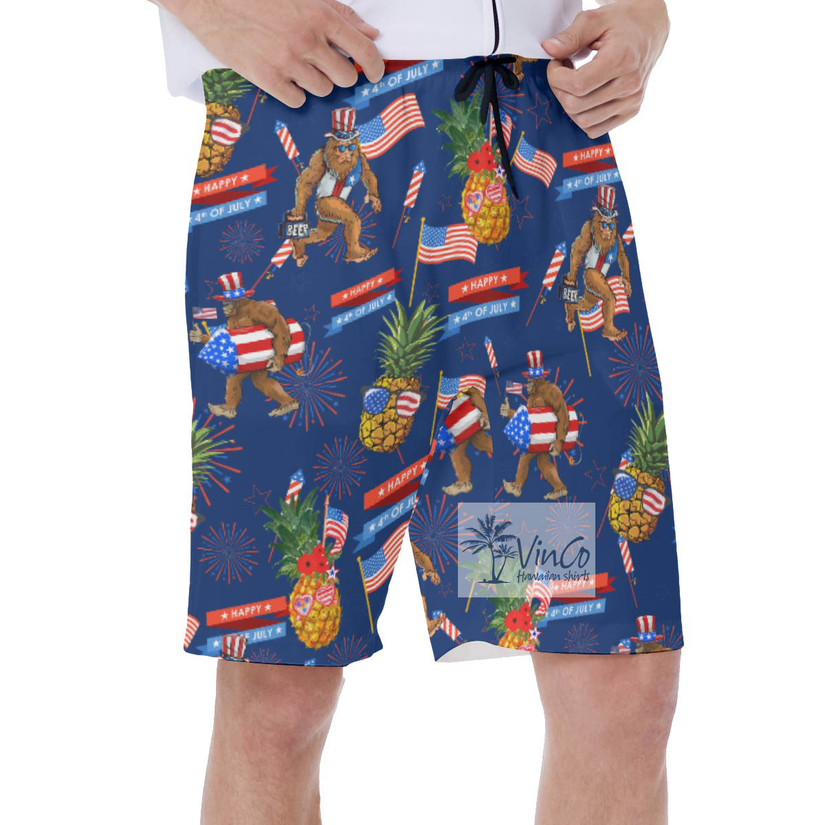 Funny Sasquatch Pineapple 4th Of July Hawaiian Swim Trunks For Men