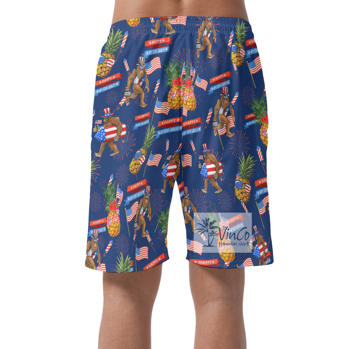 Patriotic Pineapple Bigfoot Navy Hawaiian Beach Shorts For Men