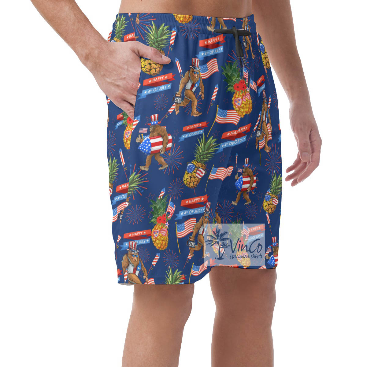 Patriotic Pineapple Bigfoot Navy Hawaiian Beach Shorts For Men
