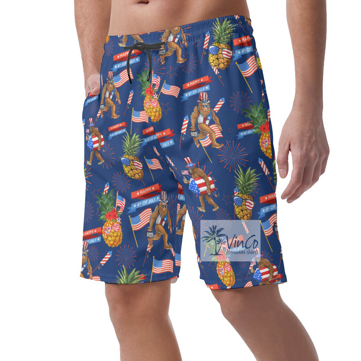 Patriotic Pineapple Bigfoot Navy Hawaiian Beach Shorts For Men