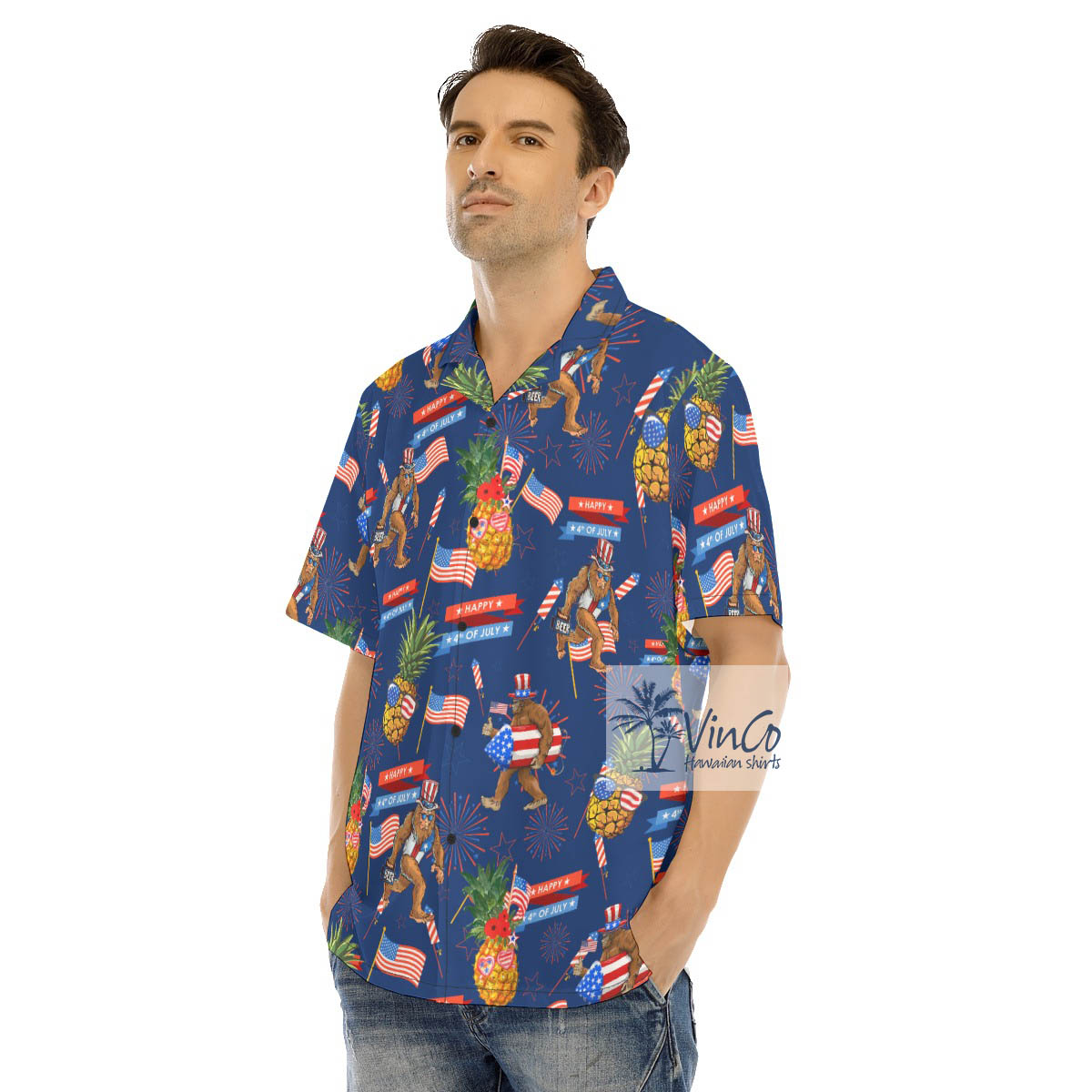 Funny Pineapple And Bigfoot Patriotic Hawaiian Shirt