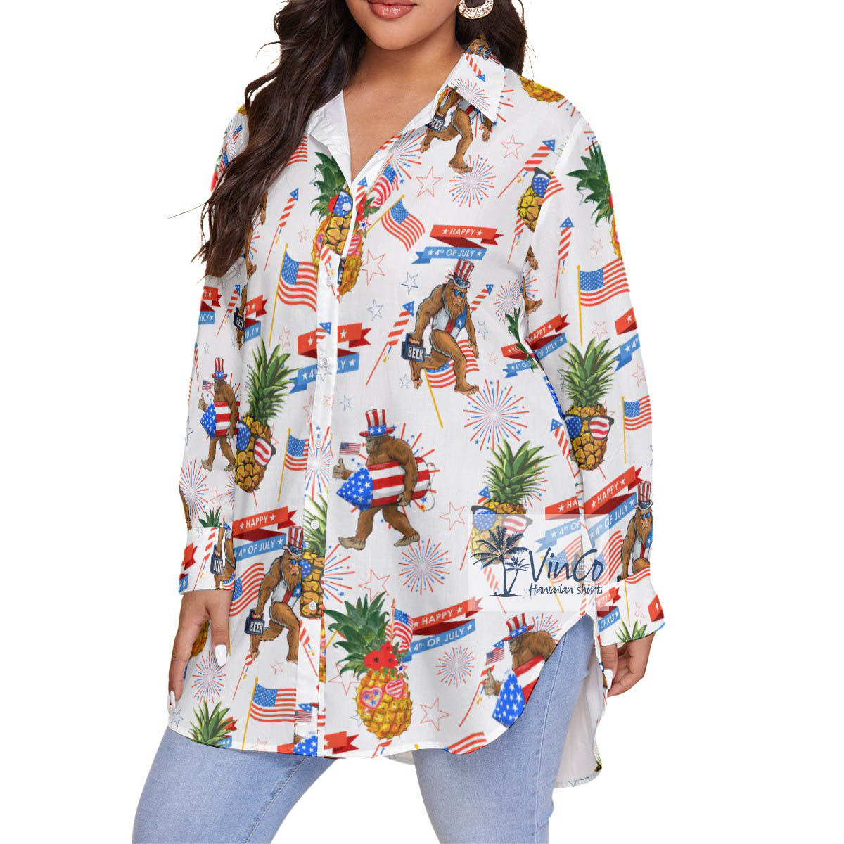 Funny Patriotic Sasquatch Pineapple Plus Size Aloha Shirt For Women