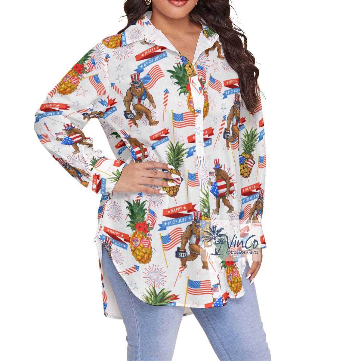 Funny Patriotic Sasquatch Pineapple Plus Size Aloha Shirt For Women