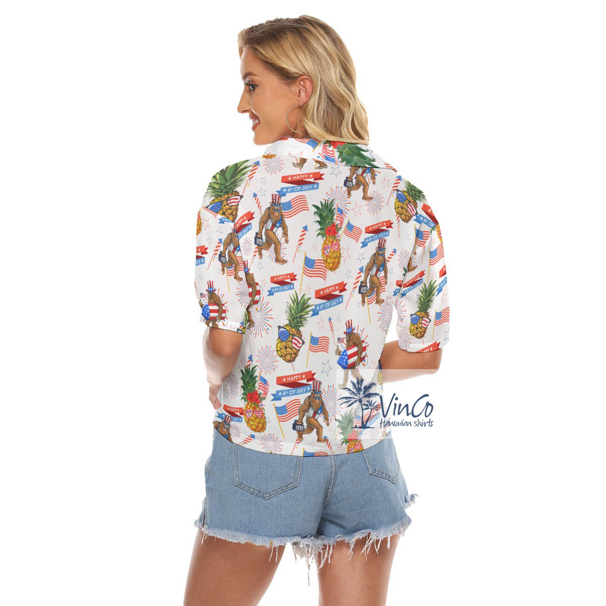 Funny Bigfoot And Pineapple American Flag Aloha Cropped Shirt For Women