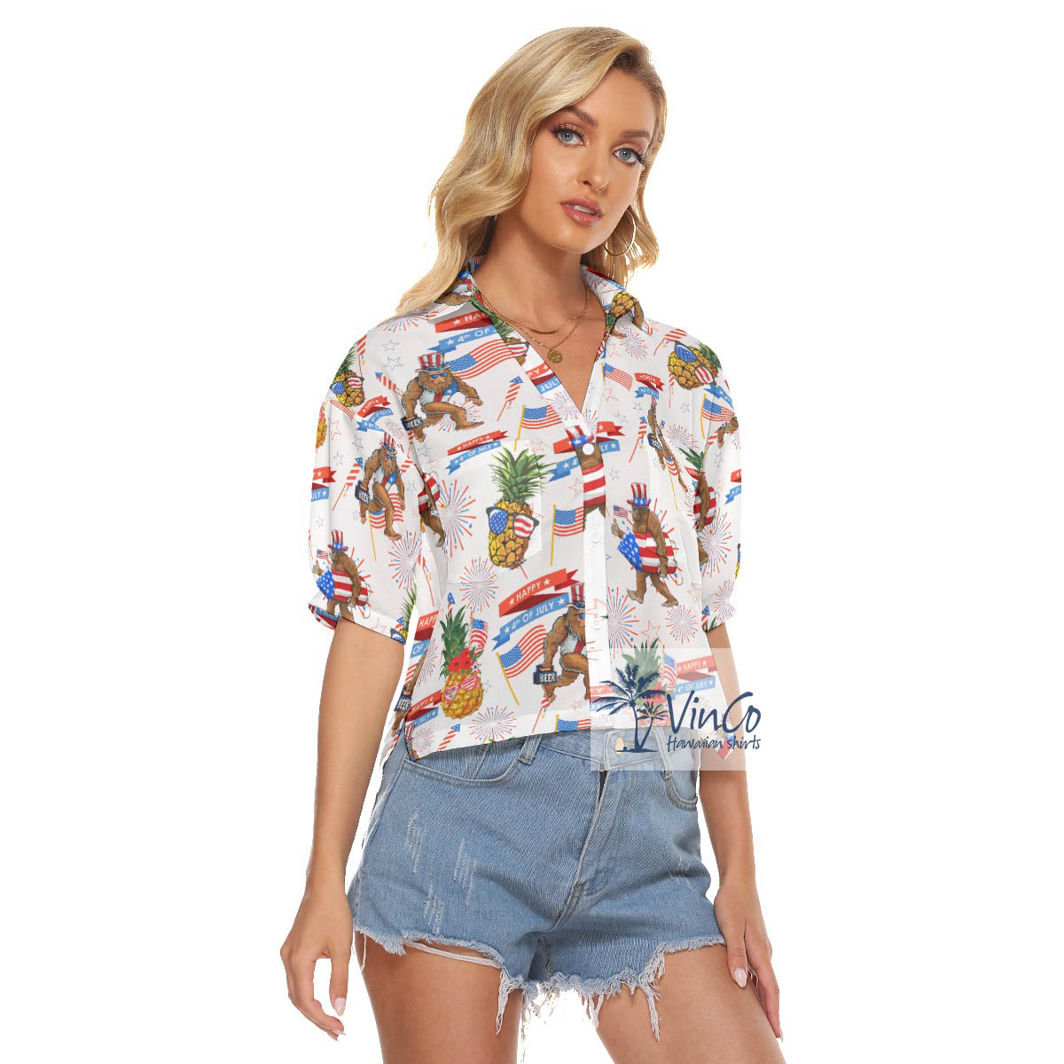 Funny Bigfoot And Pineapple American Flag Aloha Cropped Shirt For Women