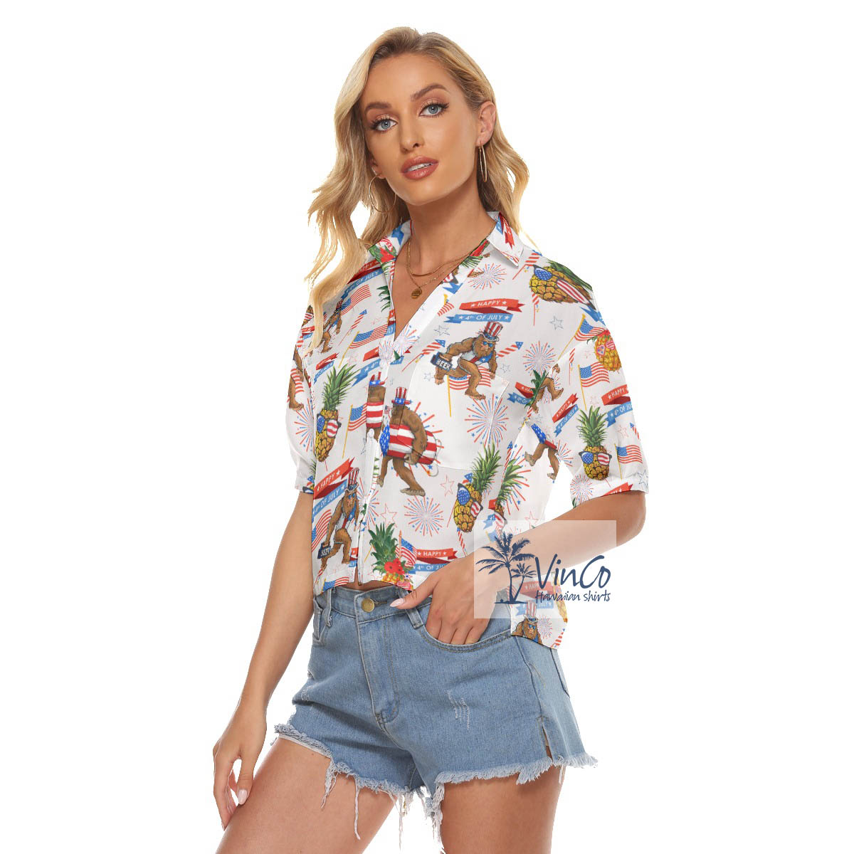 Funny Bigfoot And Pineapple American Flag Aloha Cropped Shirt For Women