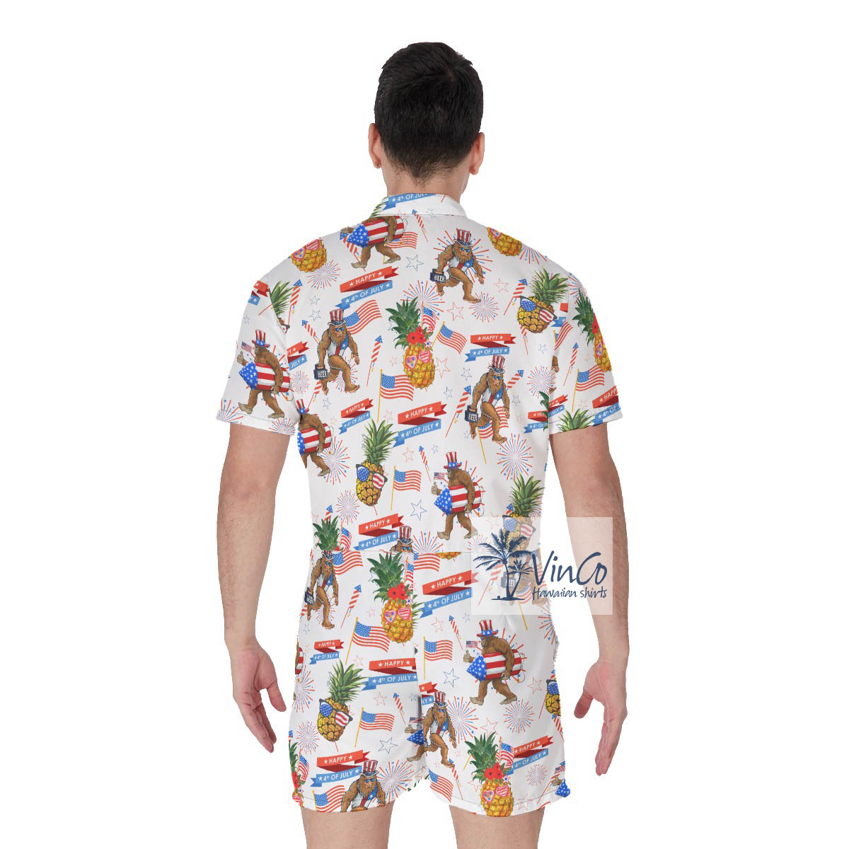 Funny Patriotic Pineapple Sasquatch Men's Hawaiian Romper