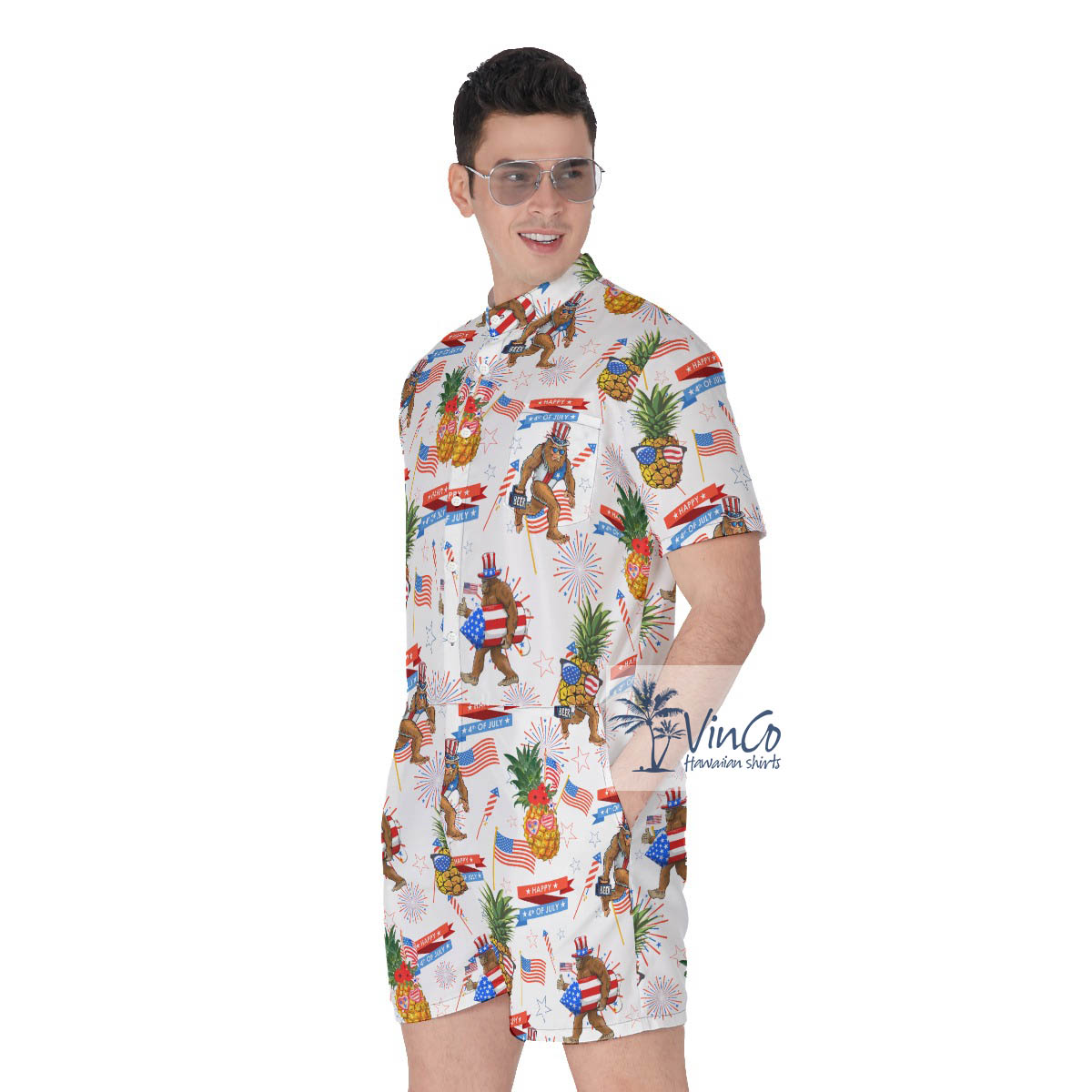 Funny Patriotic Pineapple Sasquatch Men's Hawaiian Romper