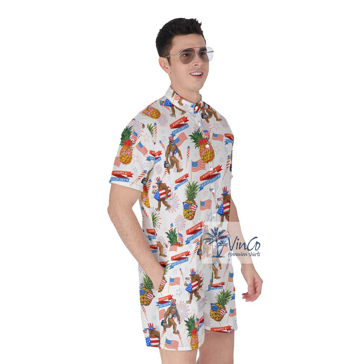 Funny Patriotic Pineapple Sasquatch Men's Hawaiian Romper