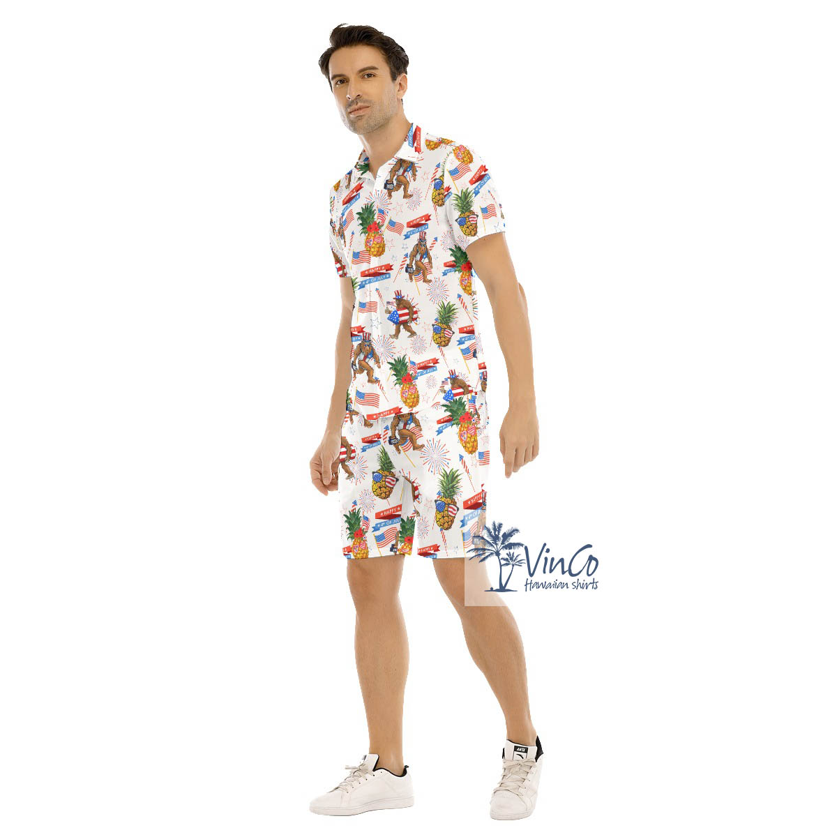 Funny Pineapple Sasquatch American Flag Hawaiian Shirt And Matching Shorts For Men