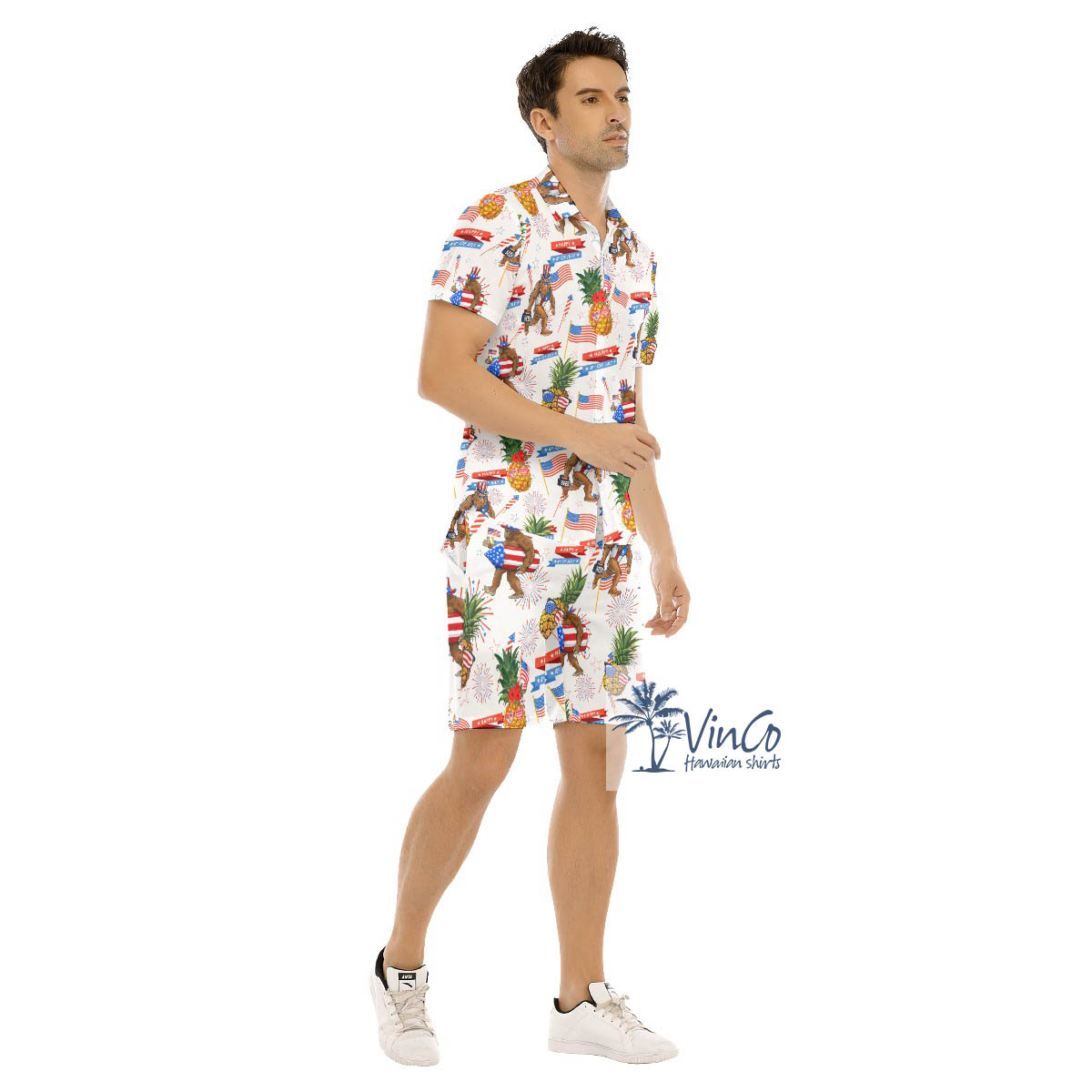 Funny Pineapple Sasquatch American Flag Hawaiian Shirt And Matching Shorts For Men