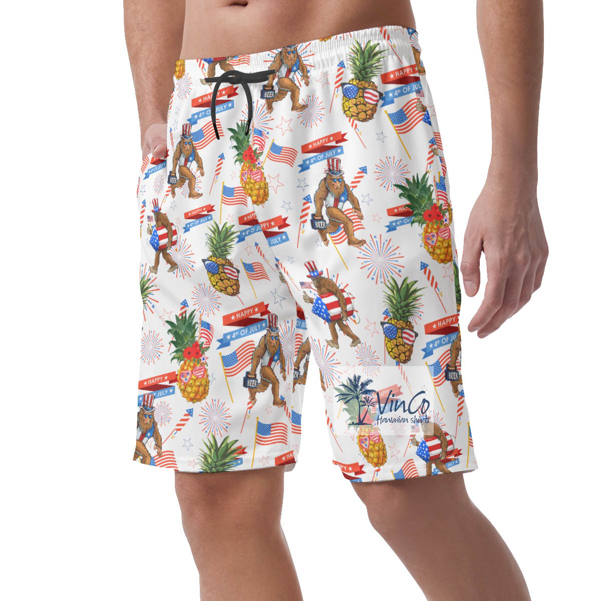 Funny Pineapple Sasquatch 4th Of July Hawaiian Beach Shorts