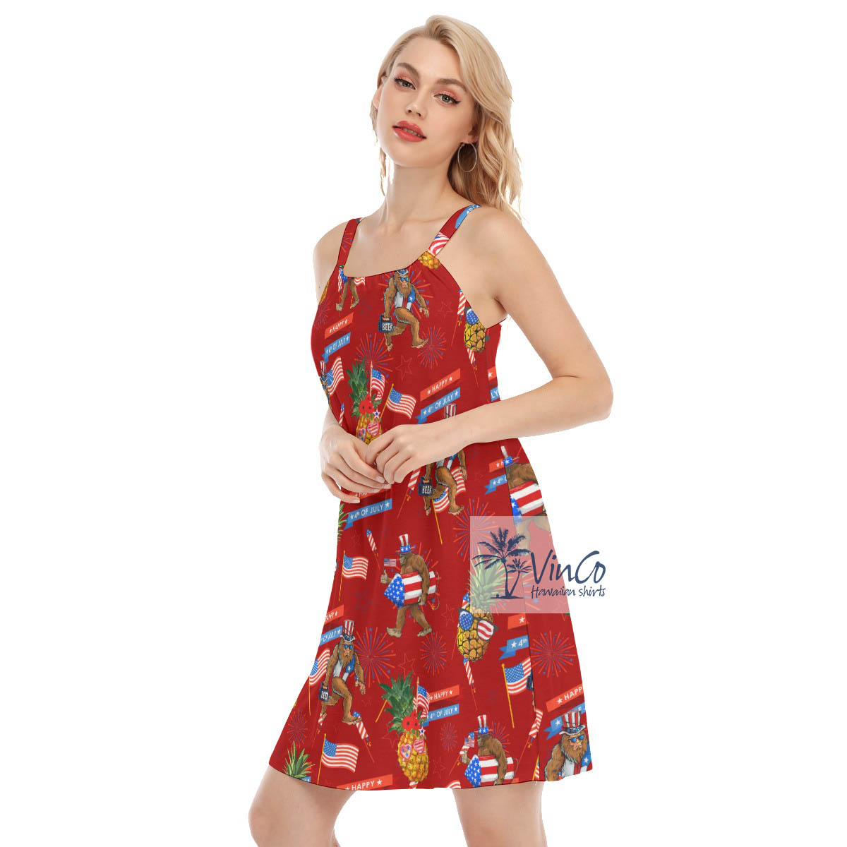 Funny Pineapple Bigfoot American Flag Aloha Cami Dresses For Summer