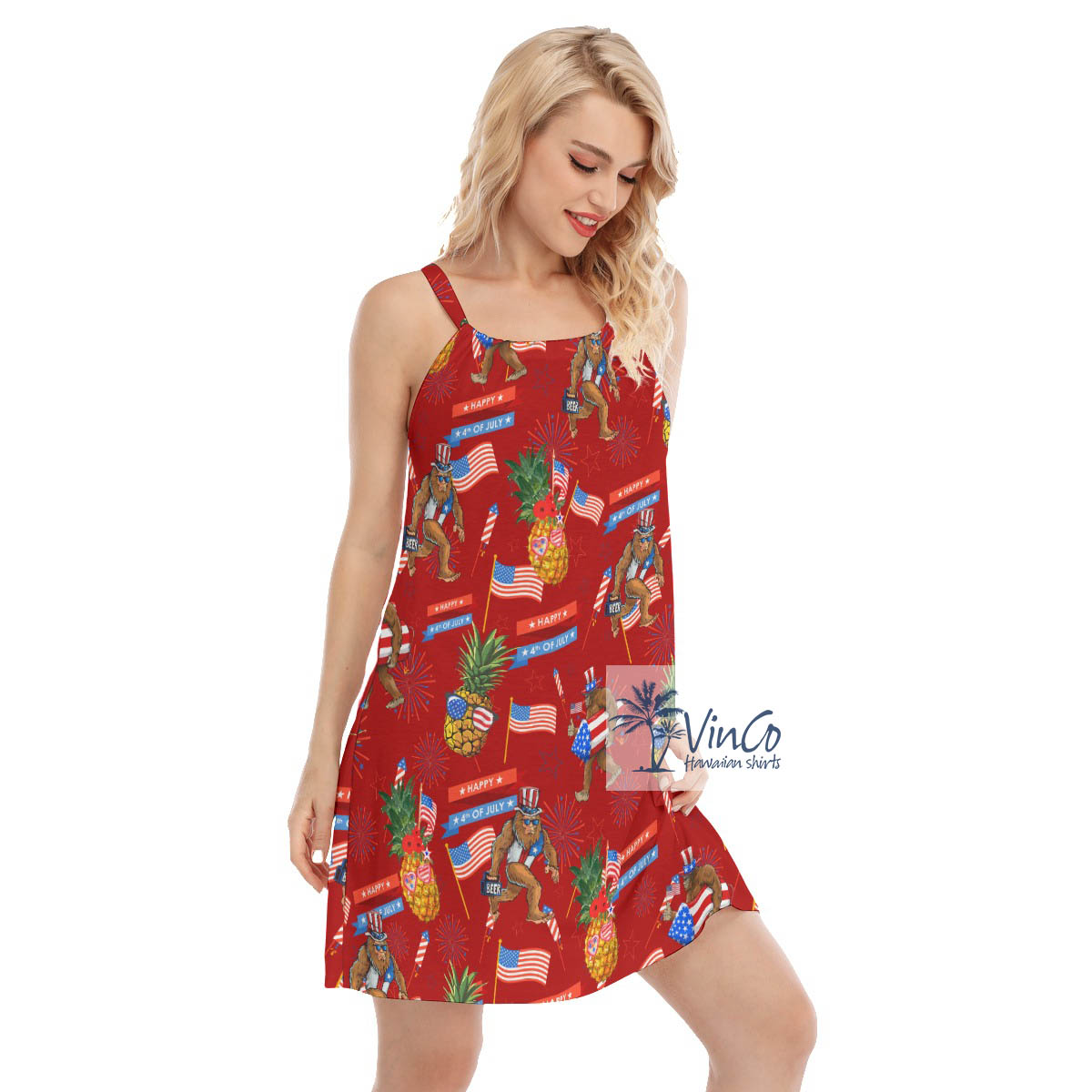 Funny Pineapple Bigfoot American Flag Aloha Cami Dresses For Summer