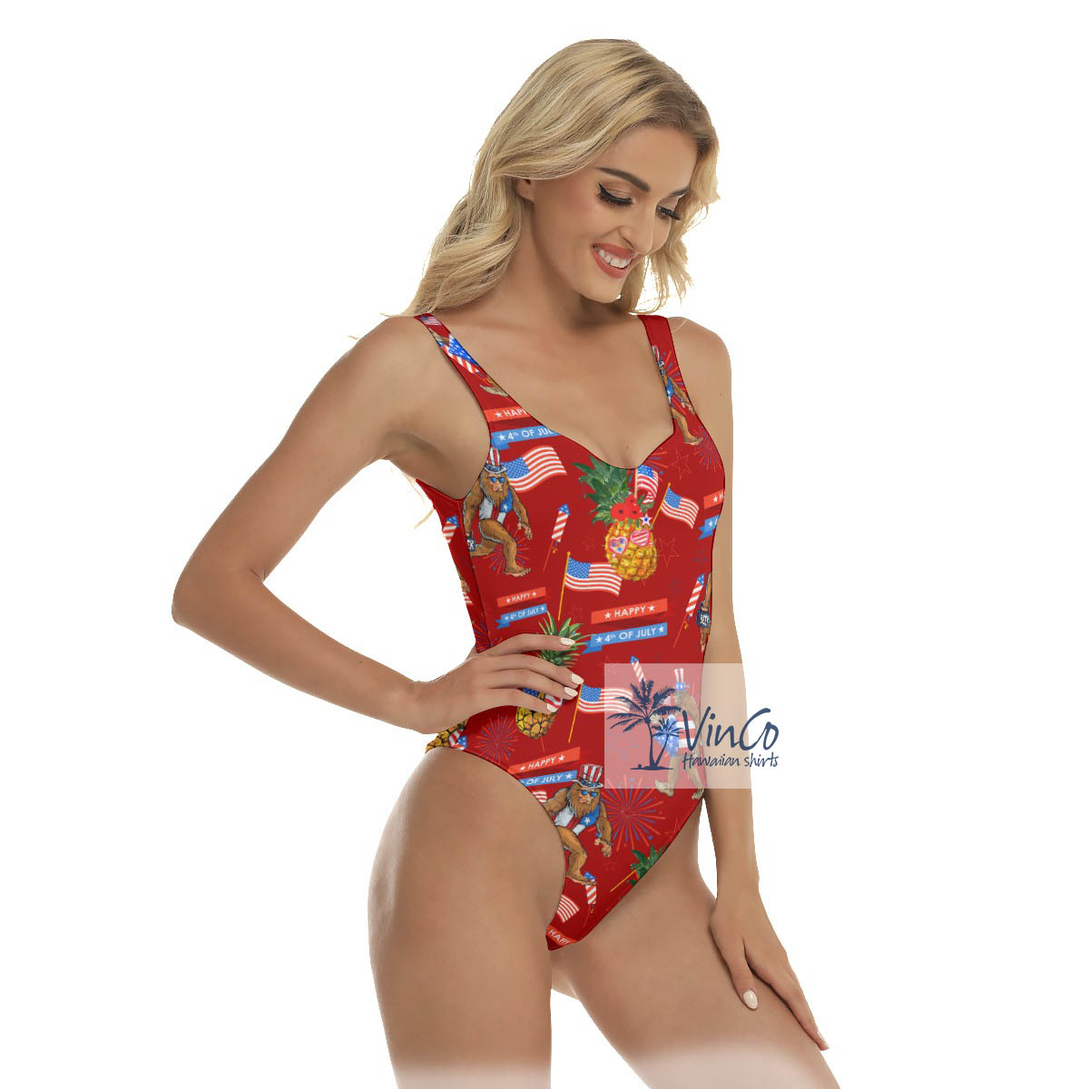 Funny Pineapple Bigfoot 4th Of July Hawaiian Swimsuit For Women