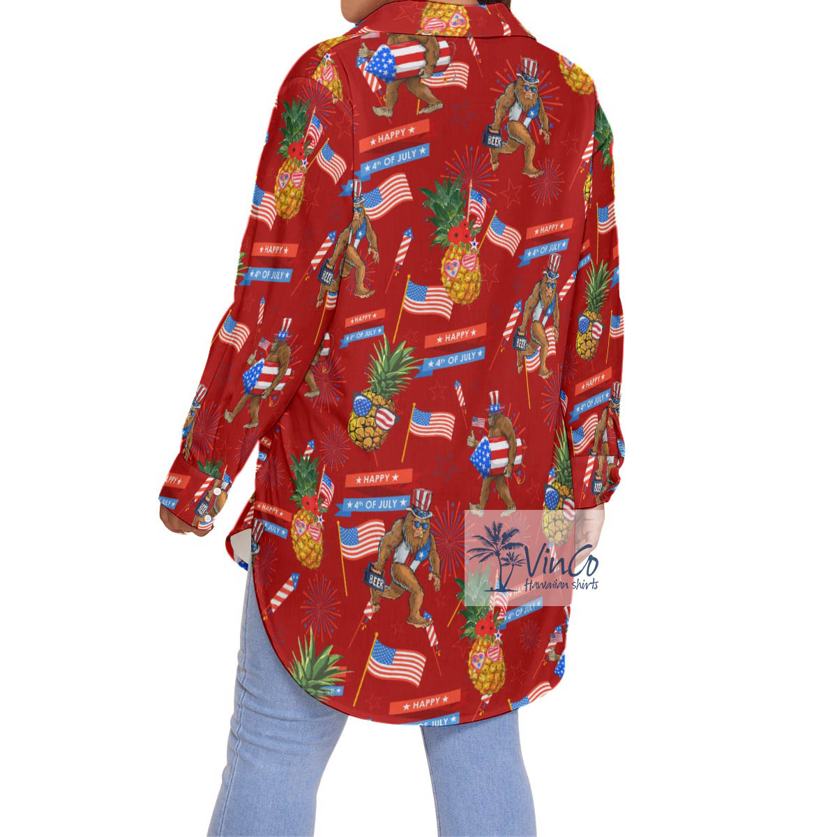 American Flag Pineapple Sasquatch Plus Size Red Hawaiian Shirt