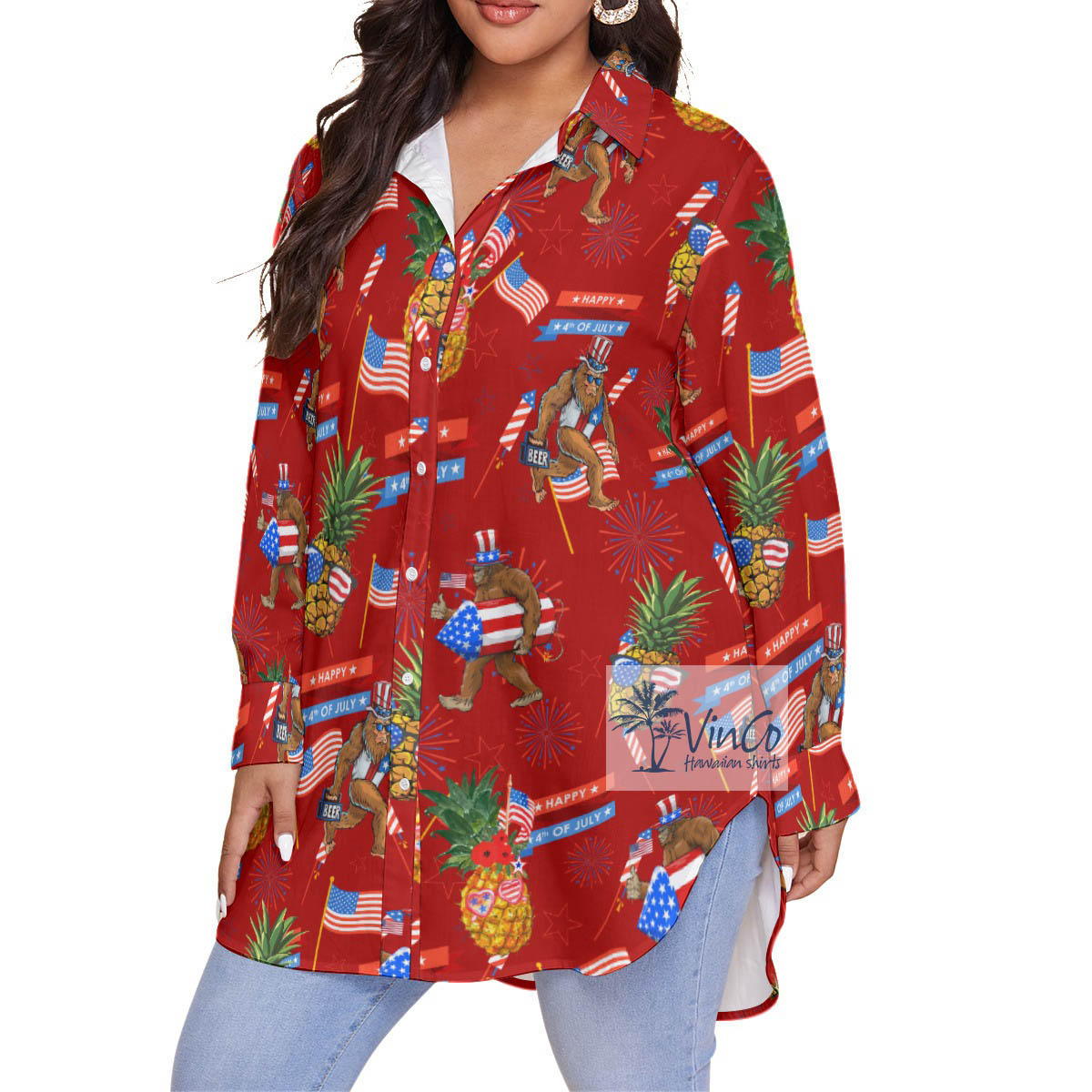 American Flag Pineapple Sasquatch Plus Size Red Hawaiian Shirt