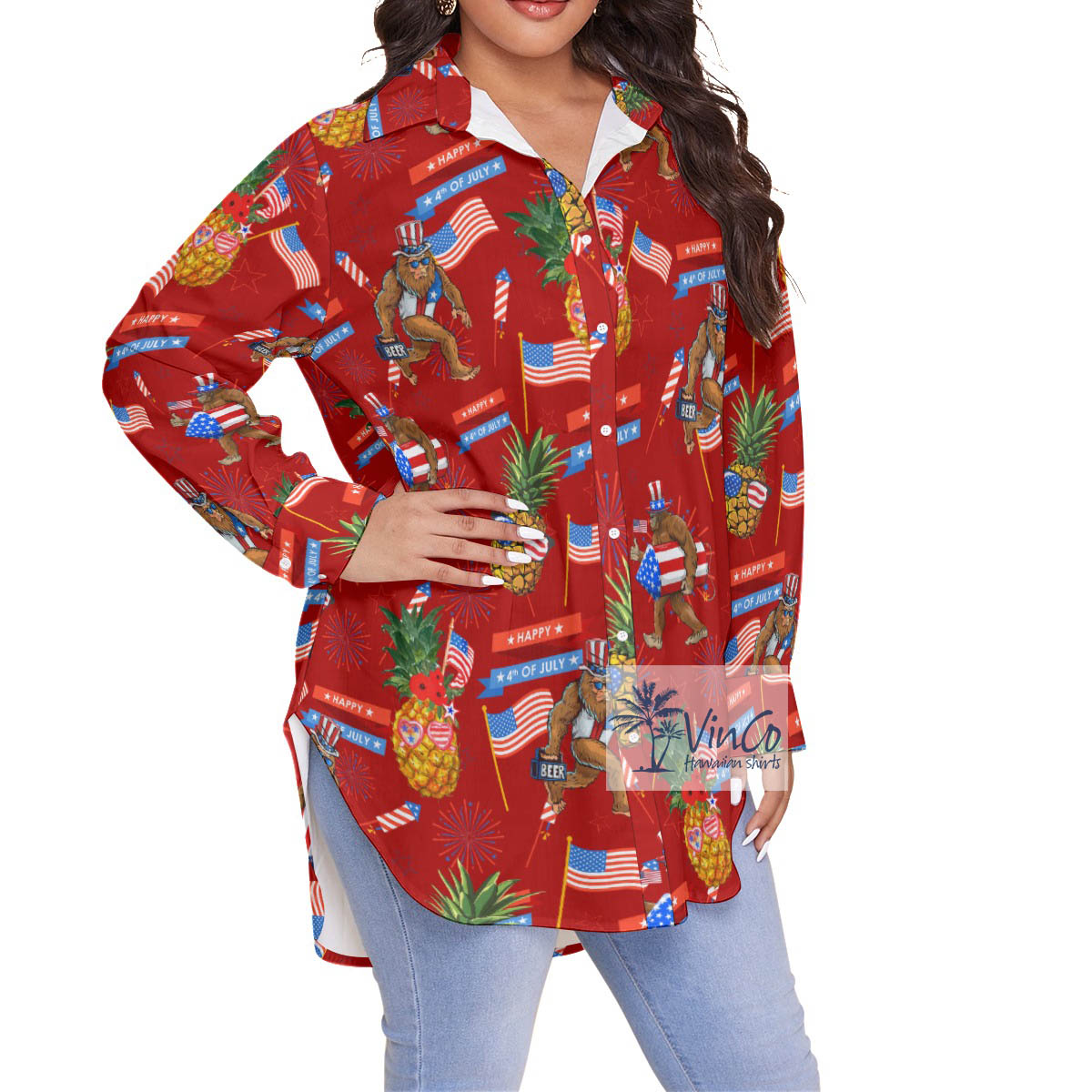 American Flag Pineapple Sasquatch Plus Size Red Hawaiian Shirt