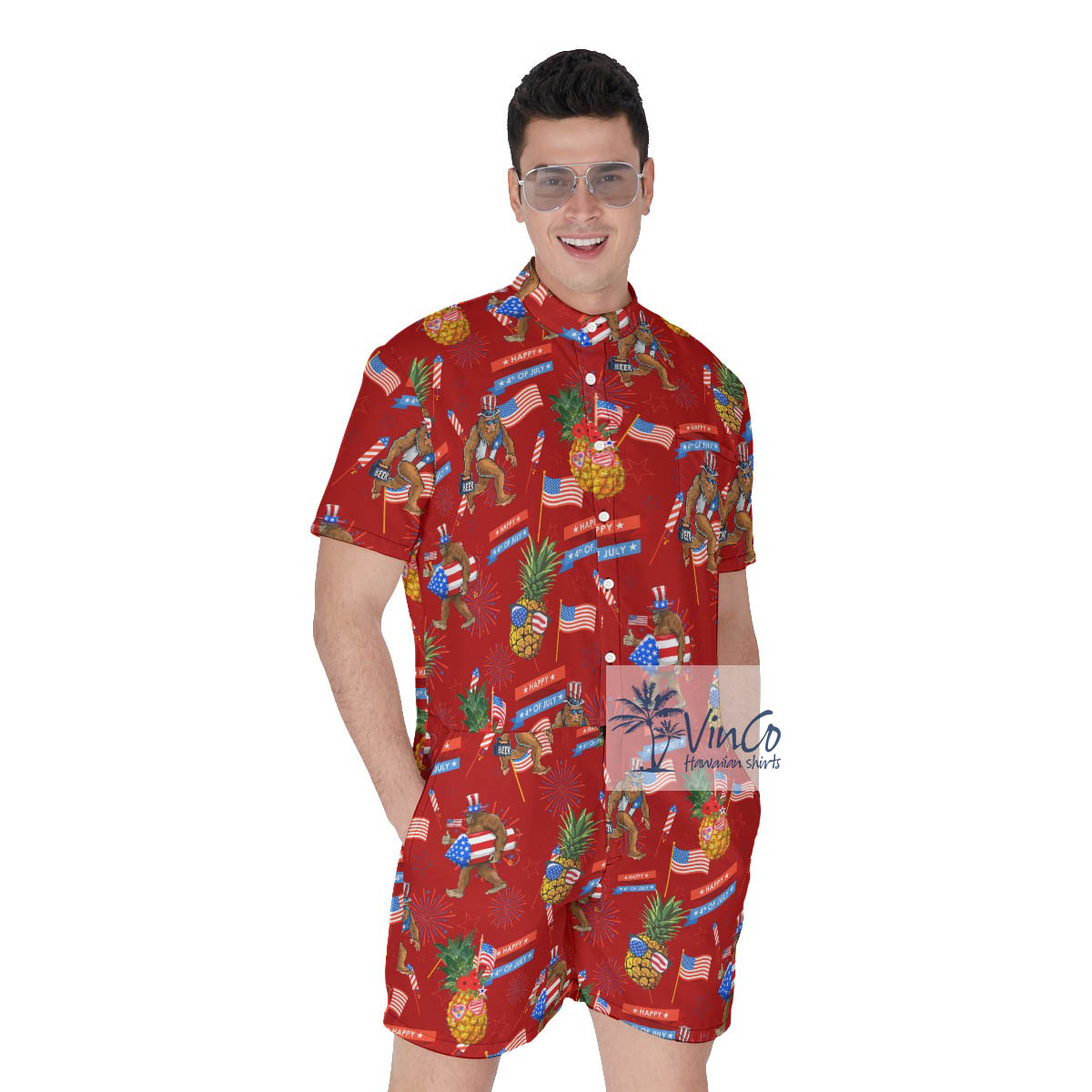 Funny Patriotic Pineapple Bigfoot Men's Hawaiian Romper - variant image 1