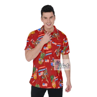 Funny Pineapple Sasquatch Patriotic Hawaiian Polo Shirt