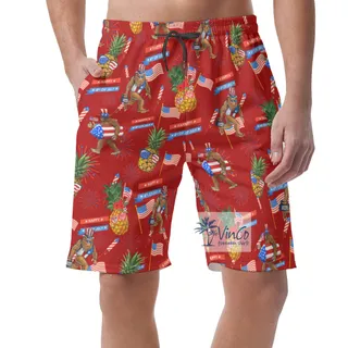 4th Of July Pinepple Sasquatch Funny Hawaiian Beach Shorts For Men