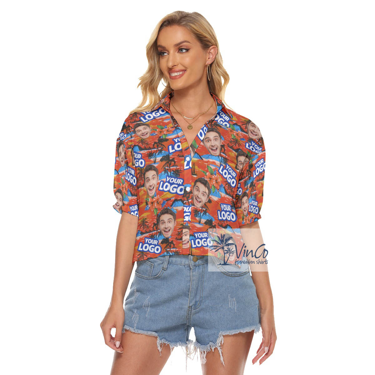 Custom Tropical Hawaiian Crop Top Shirt With Face And Logo - variant image 1