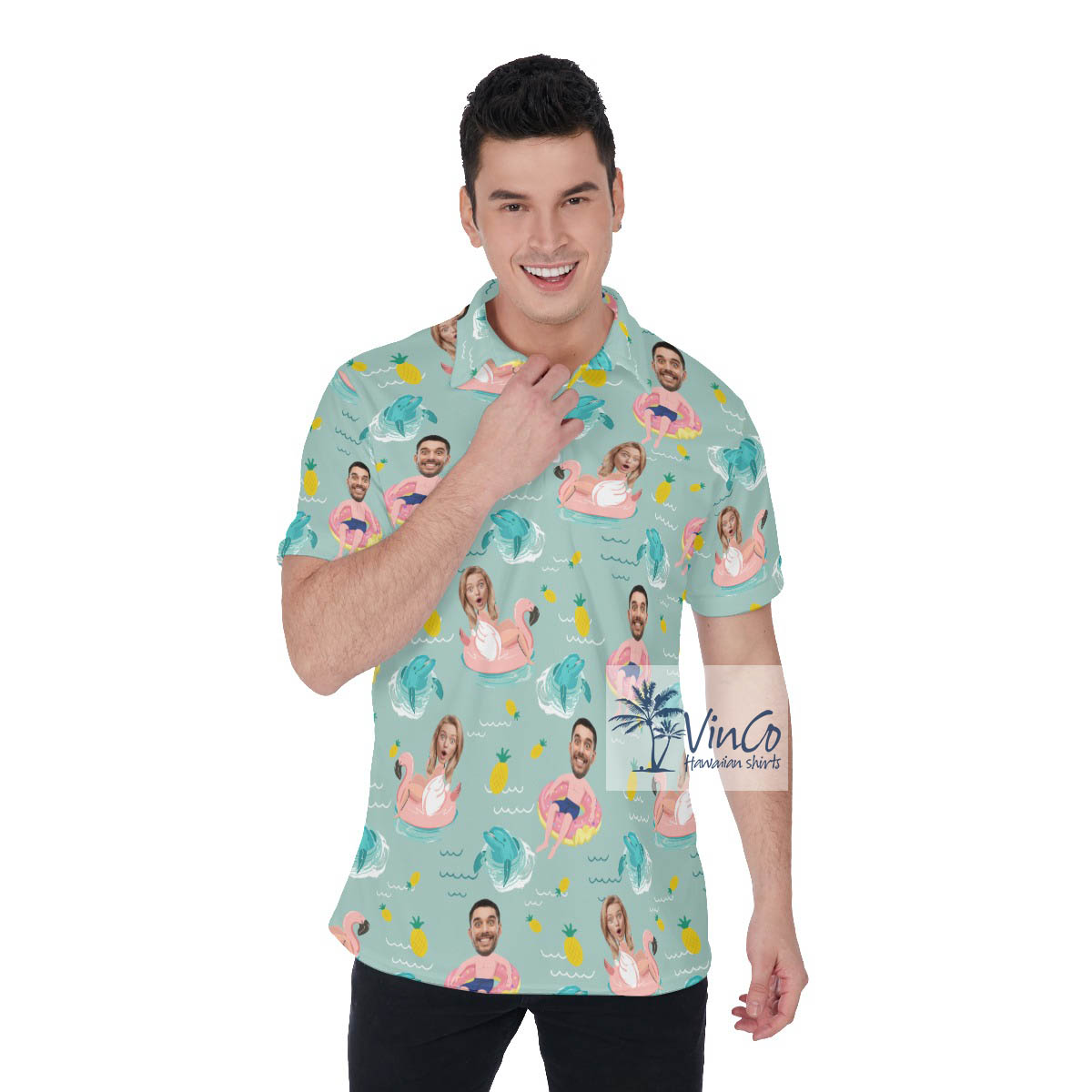 Custom Couple Faces In Swimming Pool Hawaiian Polo Shirt - variant image 1