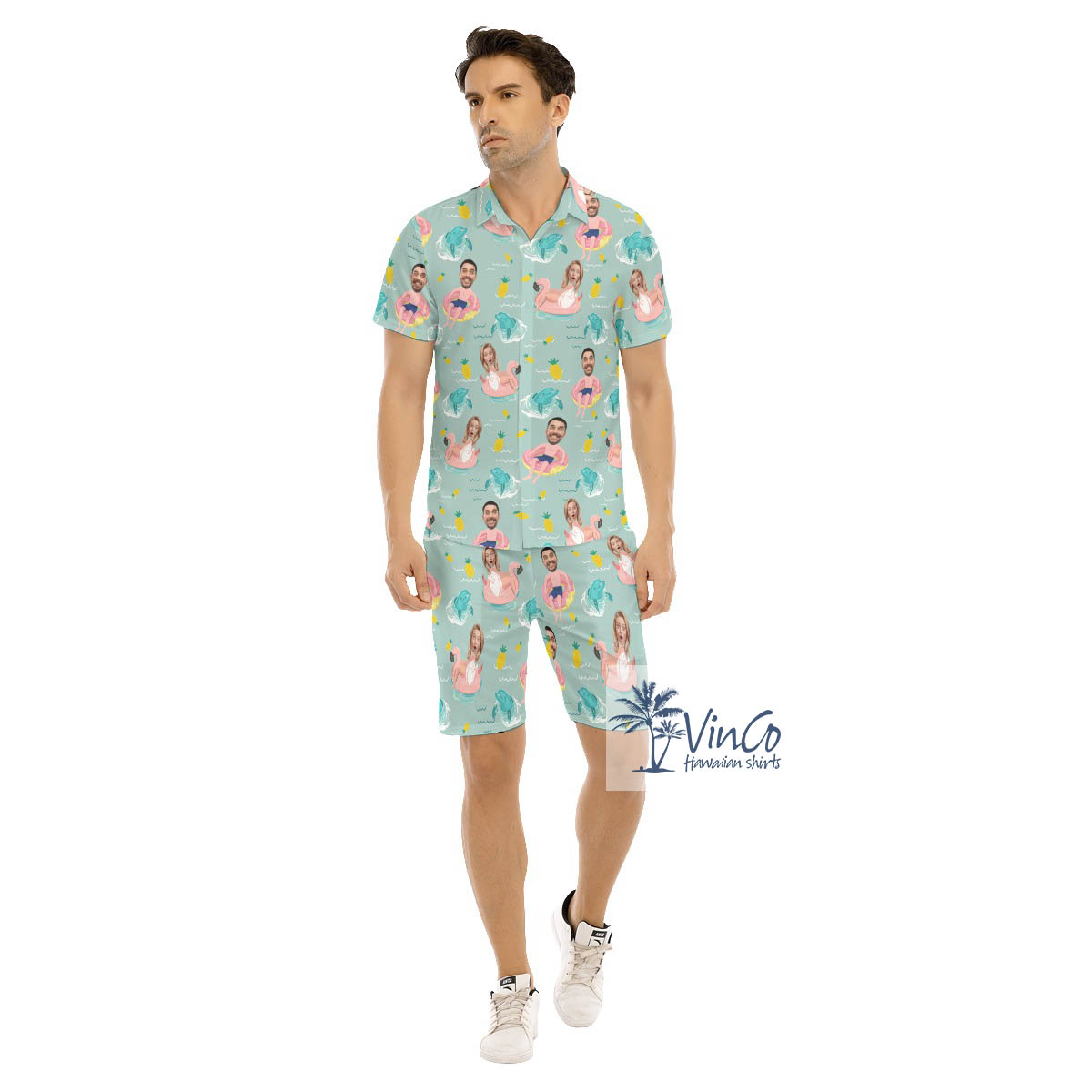 Personalized Faces Couple Swimming Aloha Shirt Set For Men - variant image 1