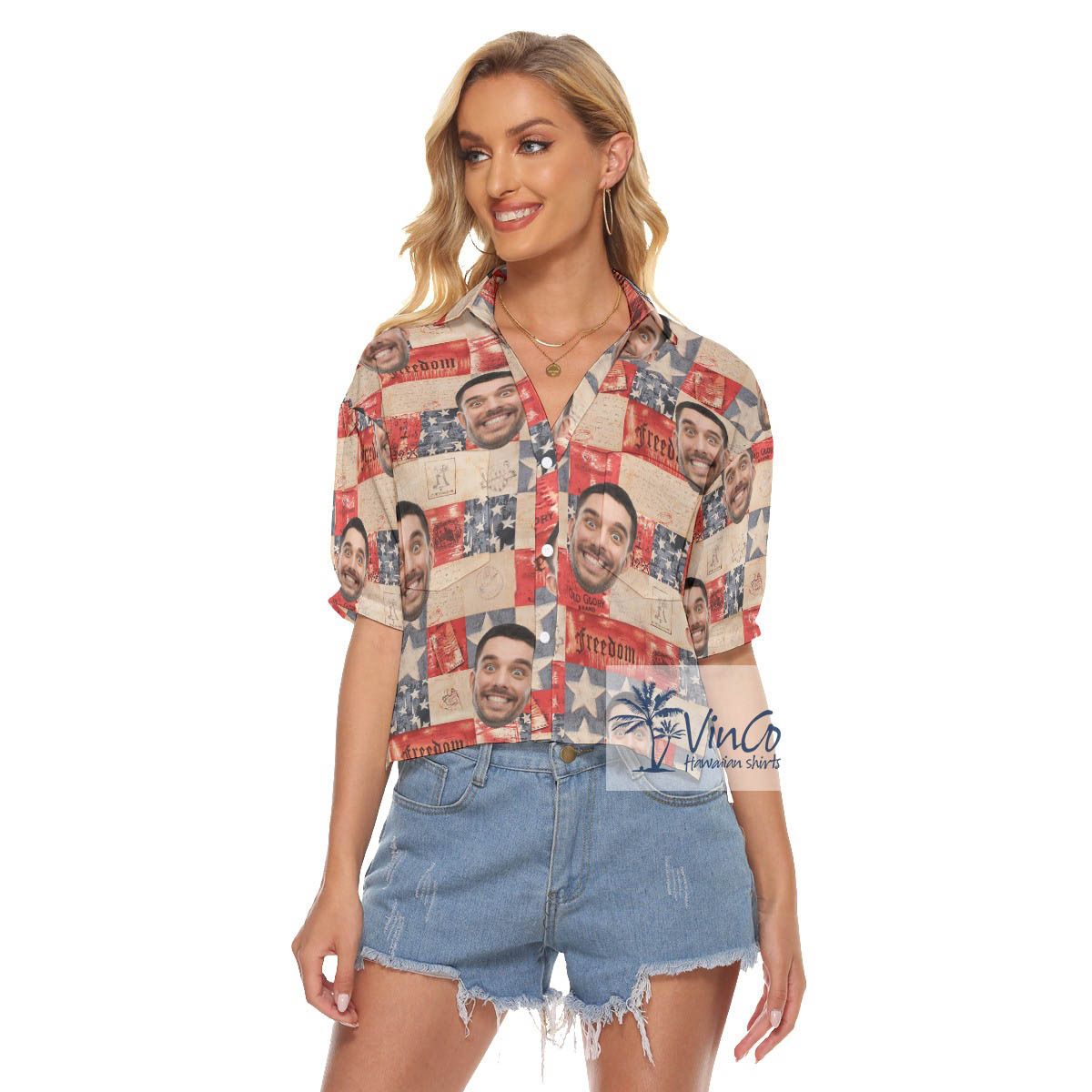 Custom Face 4th Of July Hawaiian Cropped Shirt For Women - variant image 1
