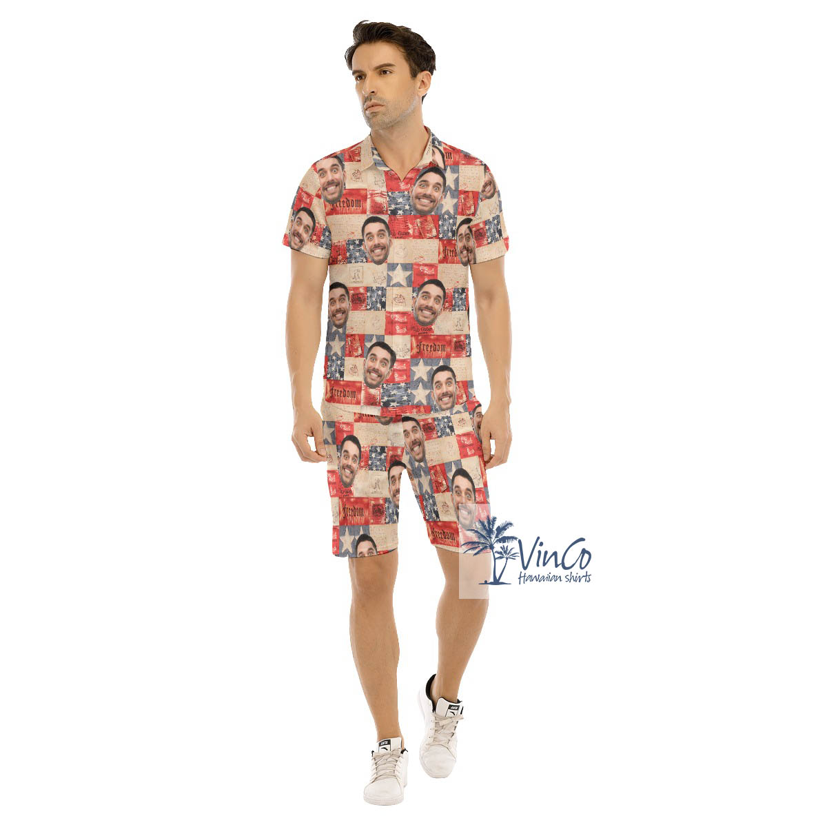 Set Custom Face 4th Of July American Flag Hawaiian Shirt And Shorts For Men - variant image 1