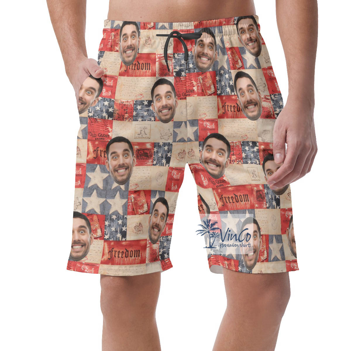 American Flag Patriotic Hawaiian Beach Shorts With Custom Face - variant image 1