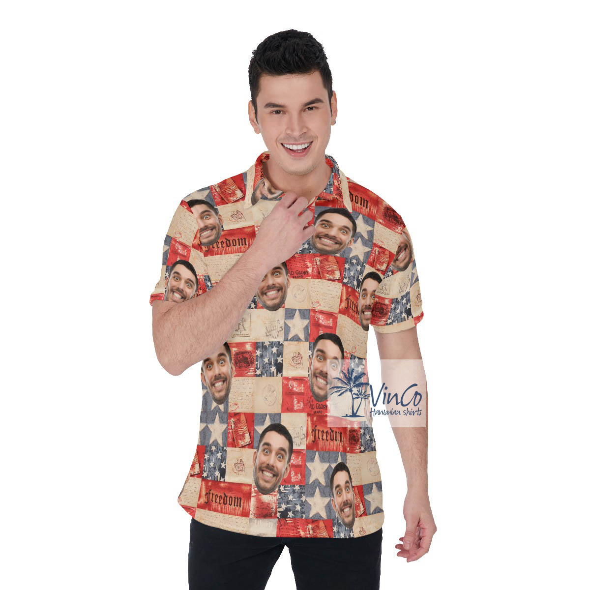 Custom Face 4th Of July American Flag Hawaiian Polo Shirt - variant image 1