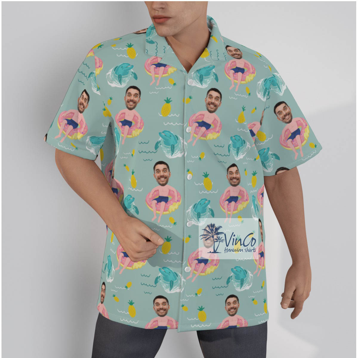 Custom Face Men Pink Flamingo Pool Float Hawaiian Shirt - variant image 1