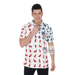Funny Corgi Patriotic American Flag Hawaiian Polo Shirt