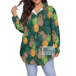 Tropical Capybara Long Sleeve Plus Size Hawaiian Shirt For Women