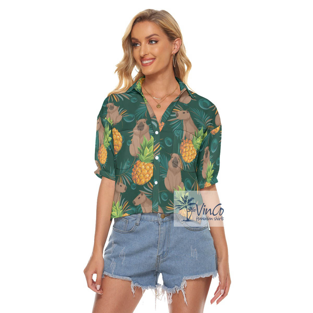 Green Capybara Pattern Hawaiian Cropped Shirt For Women - variant image 1