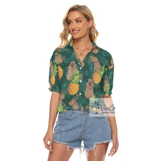 Green Capybara Pattern Hawaiian Cropped Shirt For Women